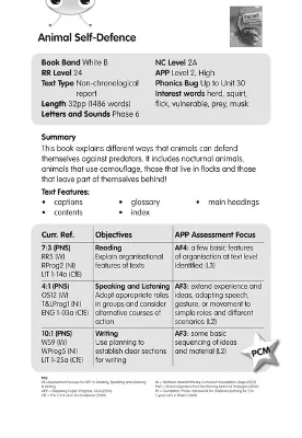 BC NF White B/2A Animal Self-defence Guided Reading Card