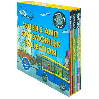 Wheels and Automobiles Collection 12 Amazing Books Set: (Hustling and Bustling Machines, Boats, Buses, Cars, Submarines, Trains, Trucks, Planes, Cranes, Tractors,  Diggers, Rockets, Helicopters)