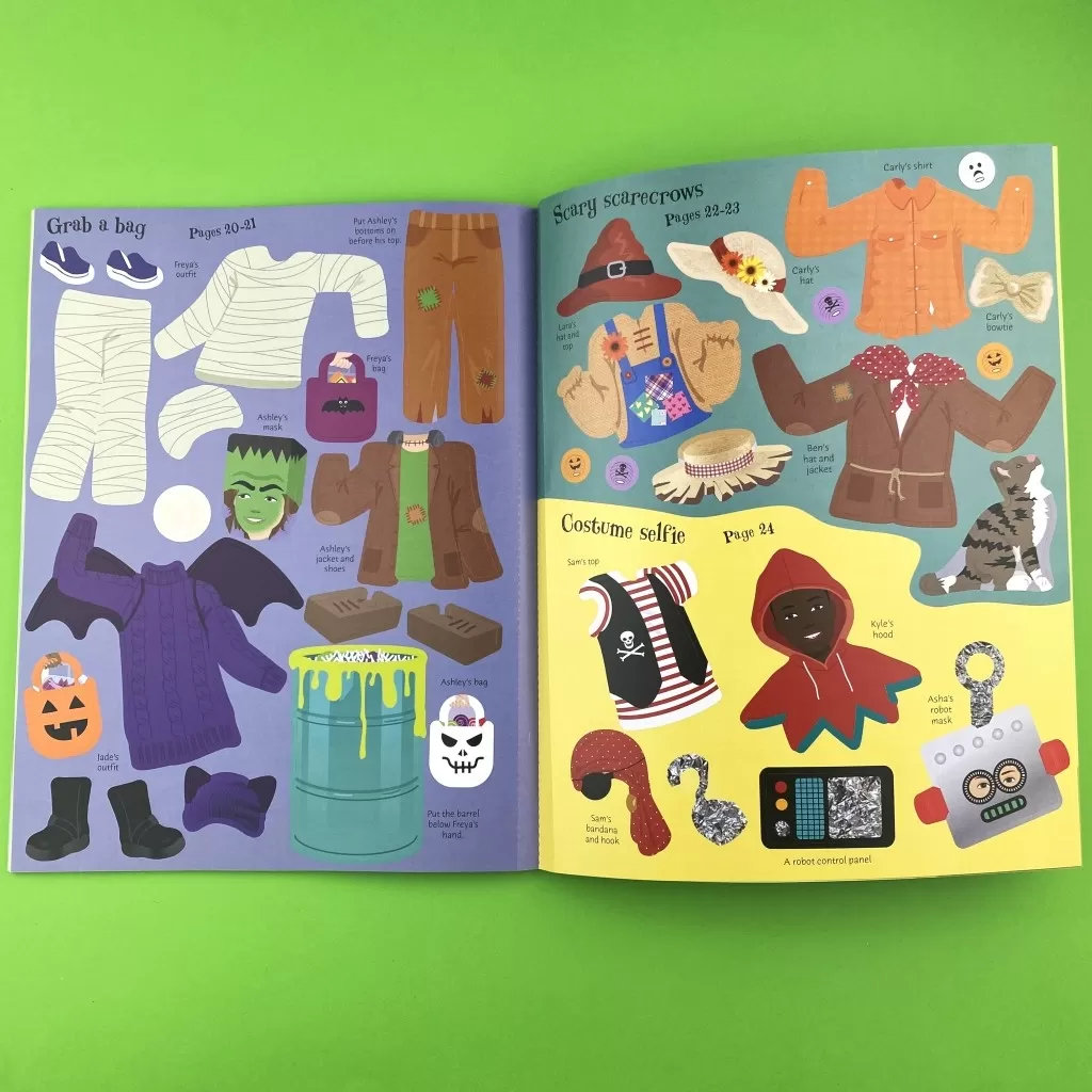 An interior spread from Sticker Dolly Dressing Trick or treat, including stickers for different Halloween costumes (scarecrows and Frankenstein, mummies and pirates)