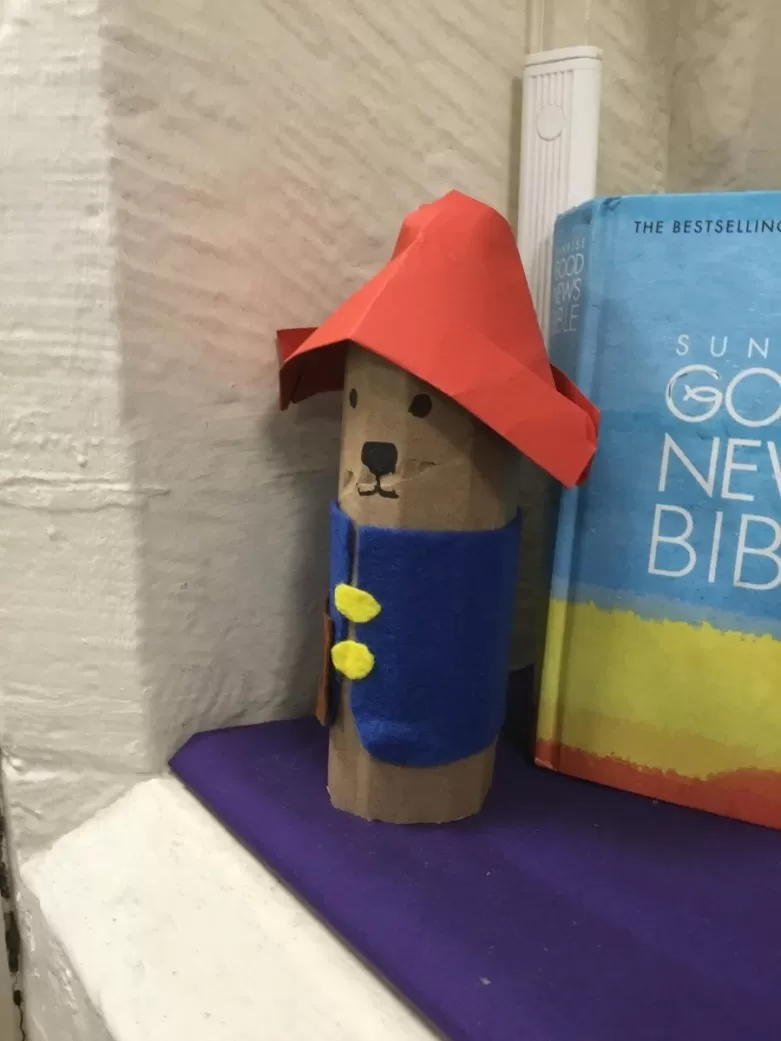 Paddington Bear statue using cardboard, felt and paper